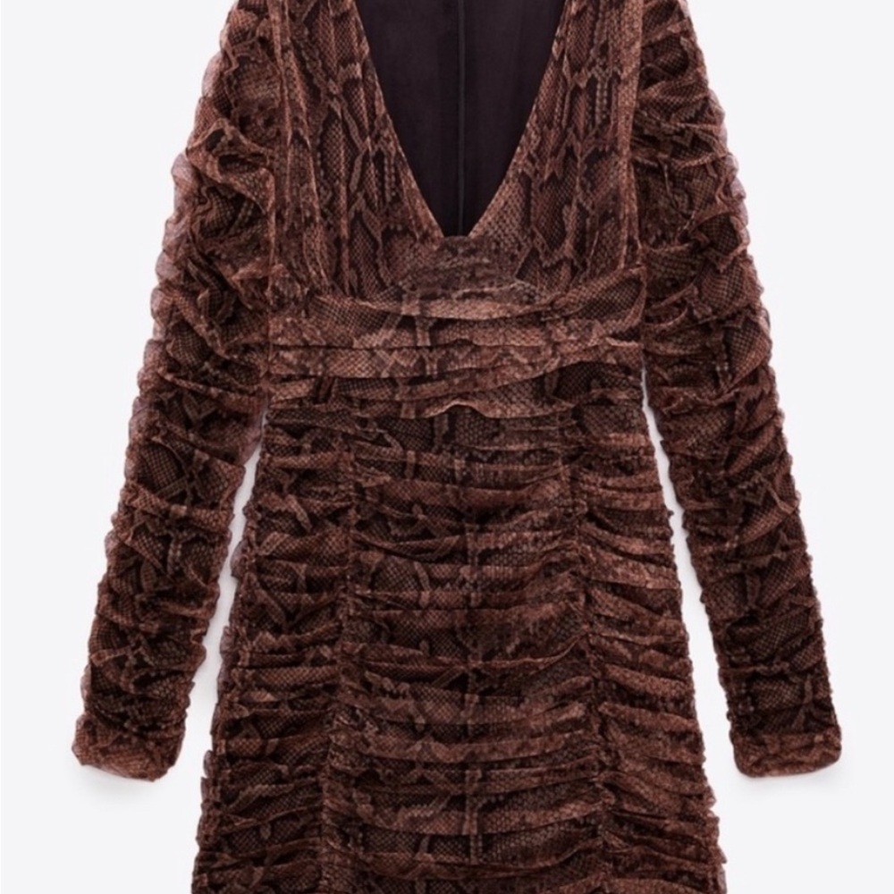 Zara DressWomens Small Draped Tulle Bodycon Mini Ruched Snake Print Ruching Club
